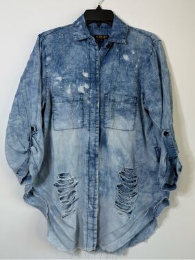KROIX Distressed Acid Wash Bleached Denim Shirt XL Ripped High Low Grunge Boho